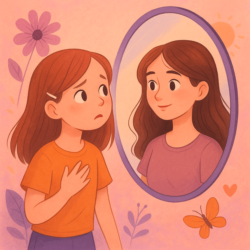 Adolescent girl looking in mirror